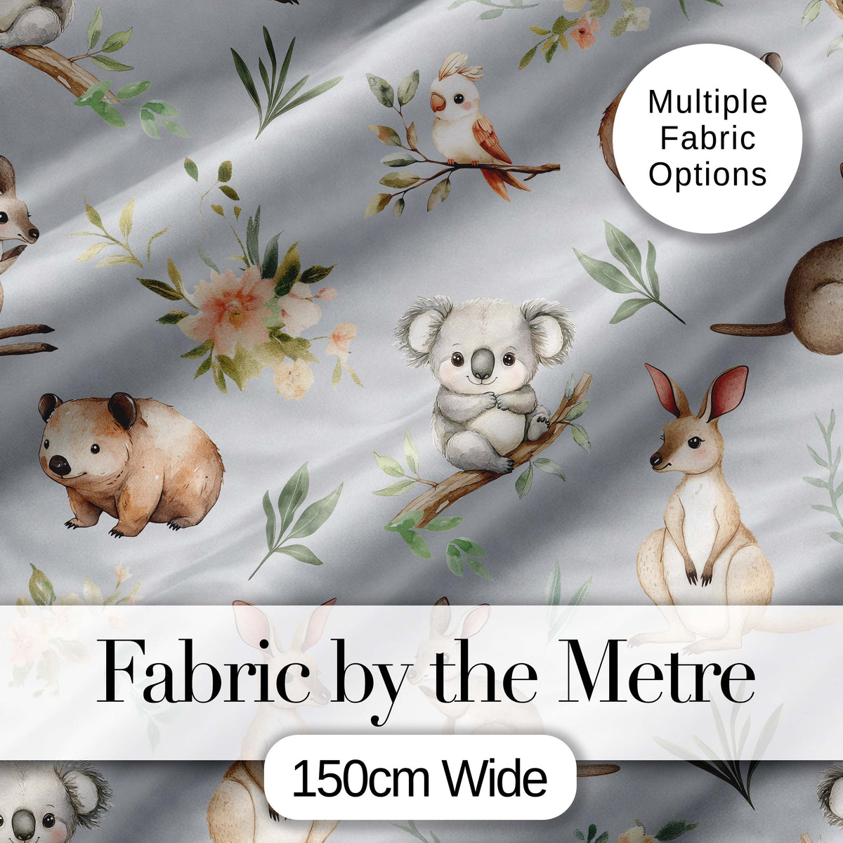 Cute Woodland Animals Koala Kangaroo Bear Floral Pattern Grey Background Digital Print Fabric by the Metre UK Sewing Quilting Textile