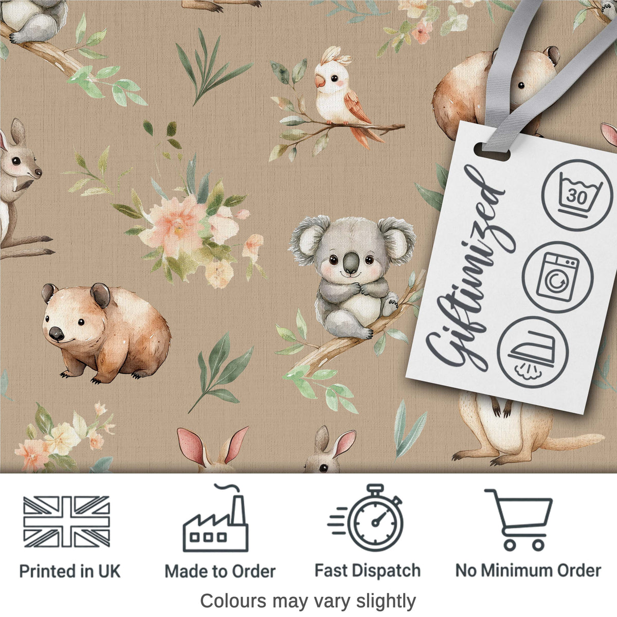Cute Woodland Animals Koala Kangaroo Bear Floral Pattern Taupe Background Digital Print Fabric by the Metre UK Sewing Quilting Textile