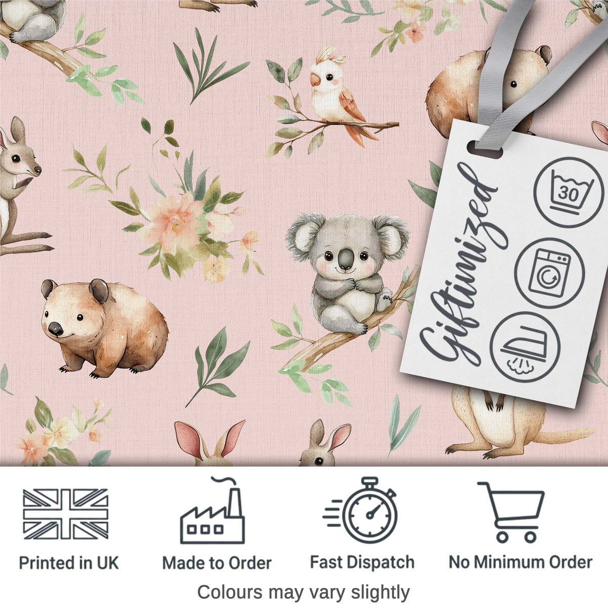 Cute Woodland Animals Koala Kangaroo Bear Floral Pattern Blush Pink Background Digital Print Fabric by the Metre UK Sewing Quilting Textile