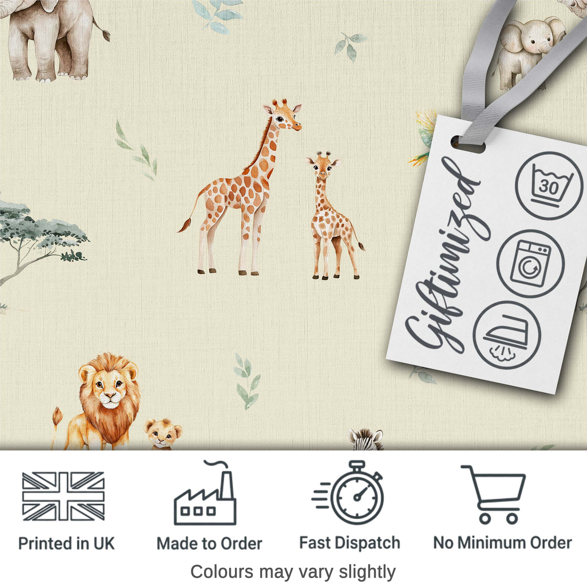 Cute Safari Animals Lion Giraffe Zebra Elephant Pattern Beige Background Digital Print Fabric by the Metre UK Sewing Quilting Textile