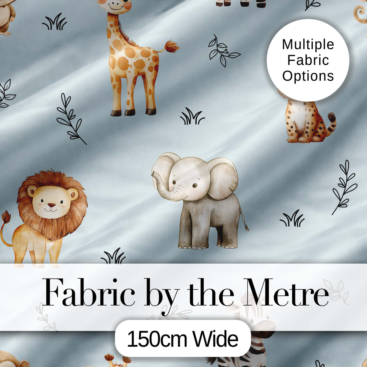 Cute Baby Safari Animals Elephant Giraffe Lion Zebra Pattern Blue Background Digital Print Fabric by the Metre UK Sewing Quilting Textile