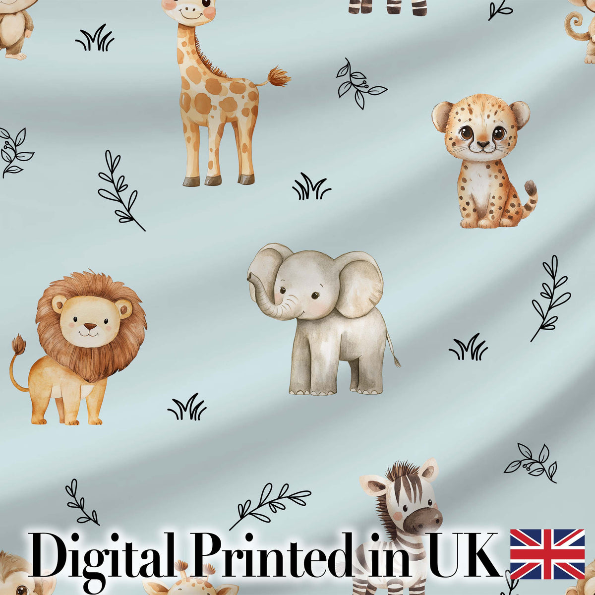 Cute Baby Safari Animals Elephant Giraffe Lion Zebra Pattern Blue Background Digital Print Fabric by the Metre UK Sewing Quilting Textile