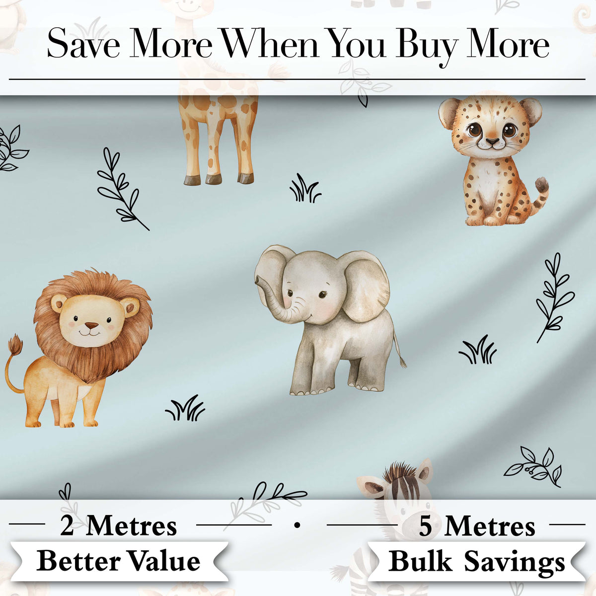 Cute Baby Safari Animals Elephant Giraffe Lion Zebra Pattern Blue Background Digital Print Fabric by the Metre UK Sewing Quilting Textile