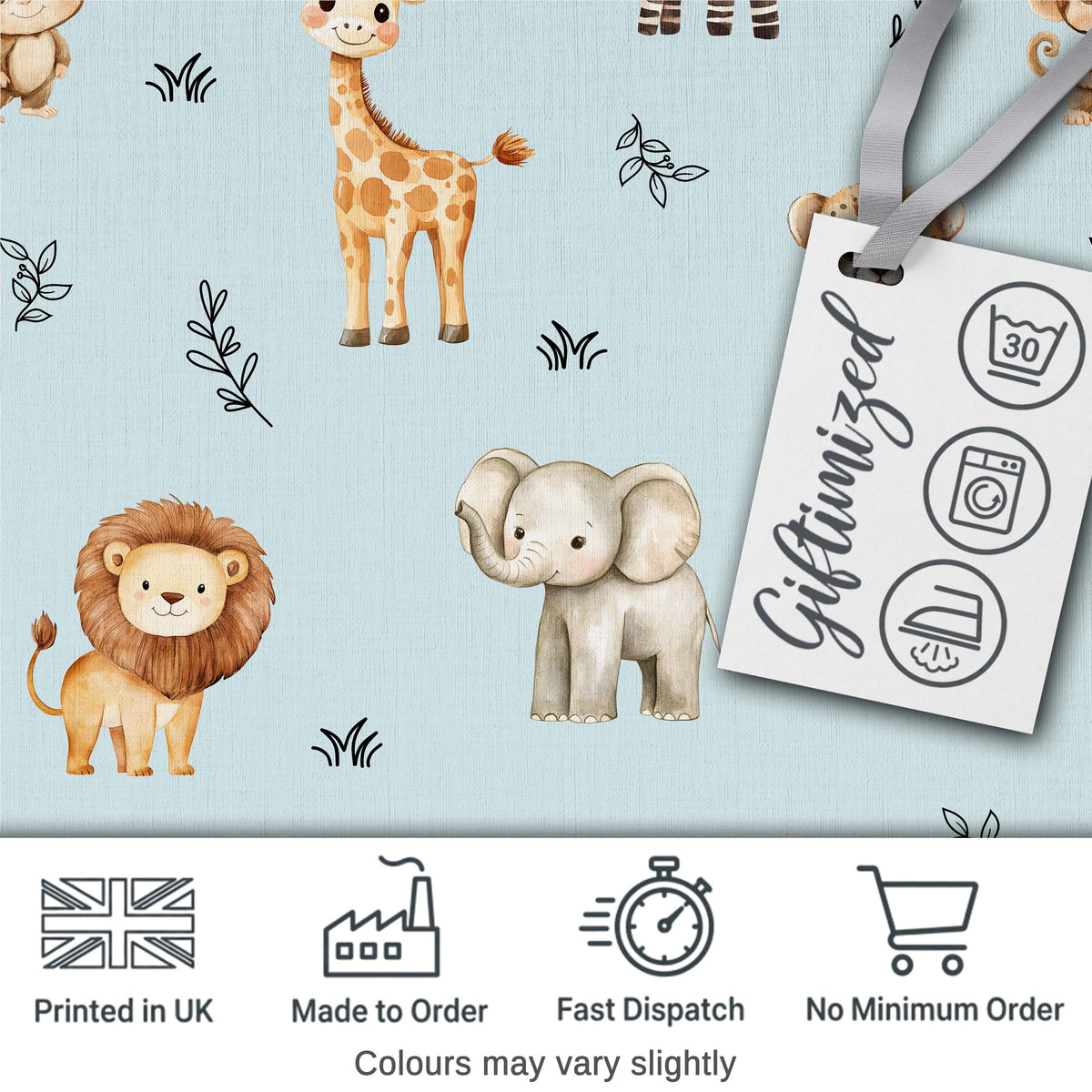 Cute Baby Safari Animals Elephant Giraffe Lion Zebra Pattern Blue Background Digital Print Fabric by the Metre UK Sewing Quilting Textile