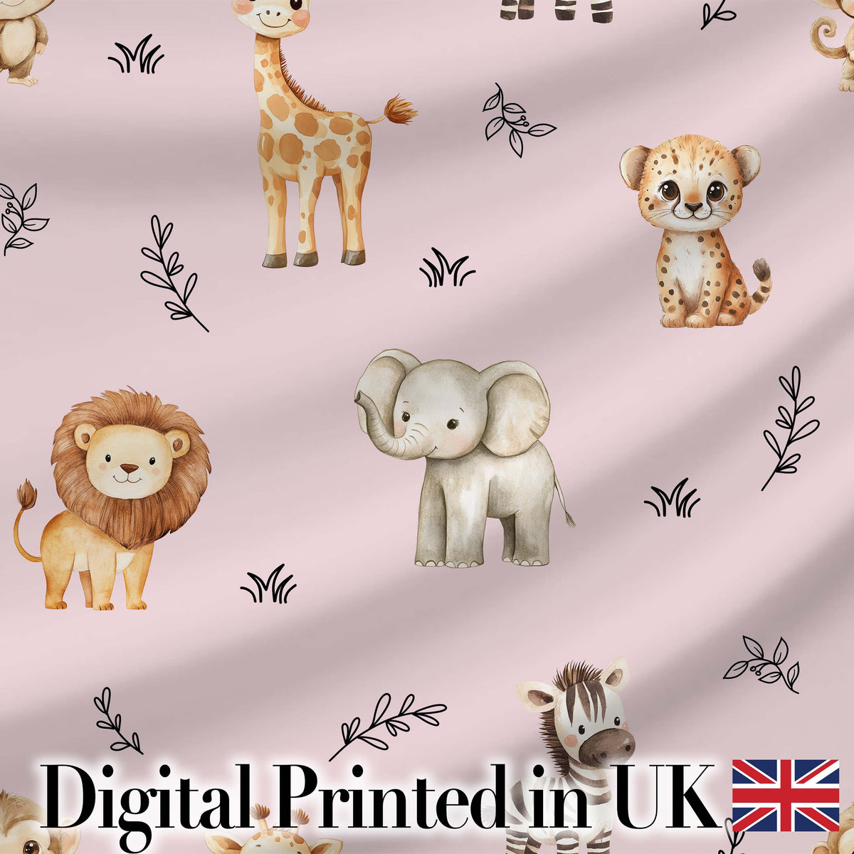 Cute Baby Safari Animals Giraffe Lion Elephant Leopard Blush Pink Background Digital Print Fabric by the Metre UK Sewing Quilting Textile