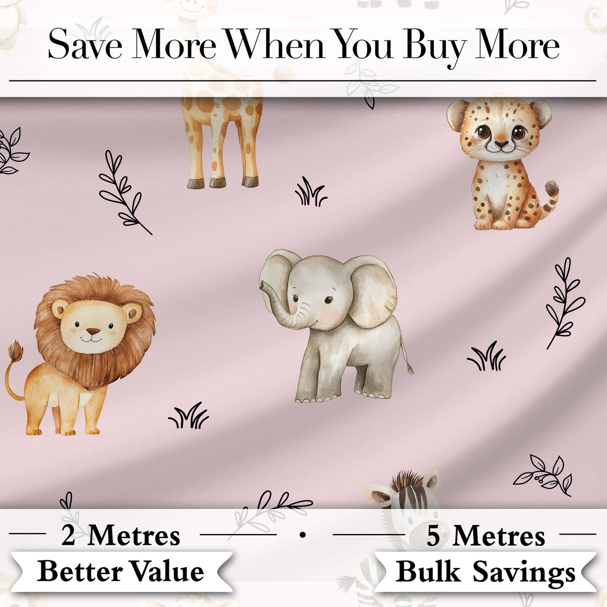Cute Baby Safari Animals Giraffe Lion Elephant Leopard Blush Pink Background Digital Print Fabric by the Metre UK Sewing Quilting Textile