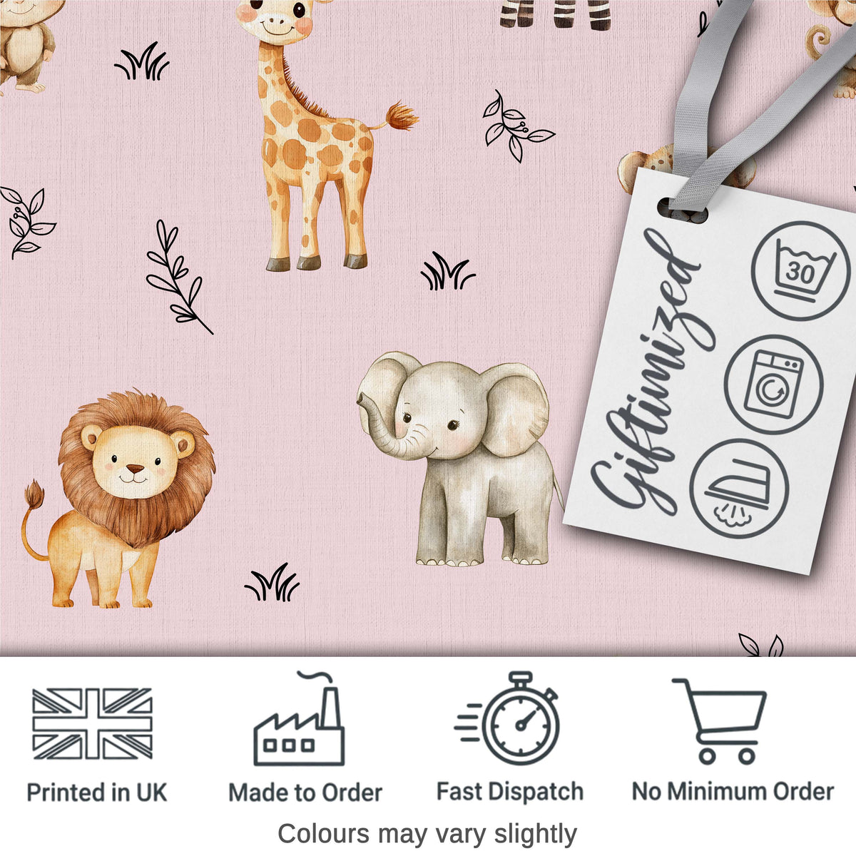 Cute Baby Safari Animals Giraffe Lion Elephant Leopard Blush Pink Background Digital Print Fabric by the Metre UK Sewing Quilting Textile