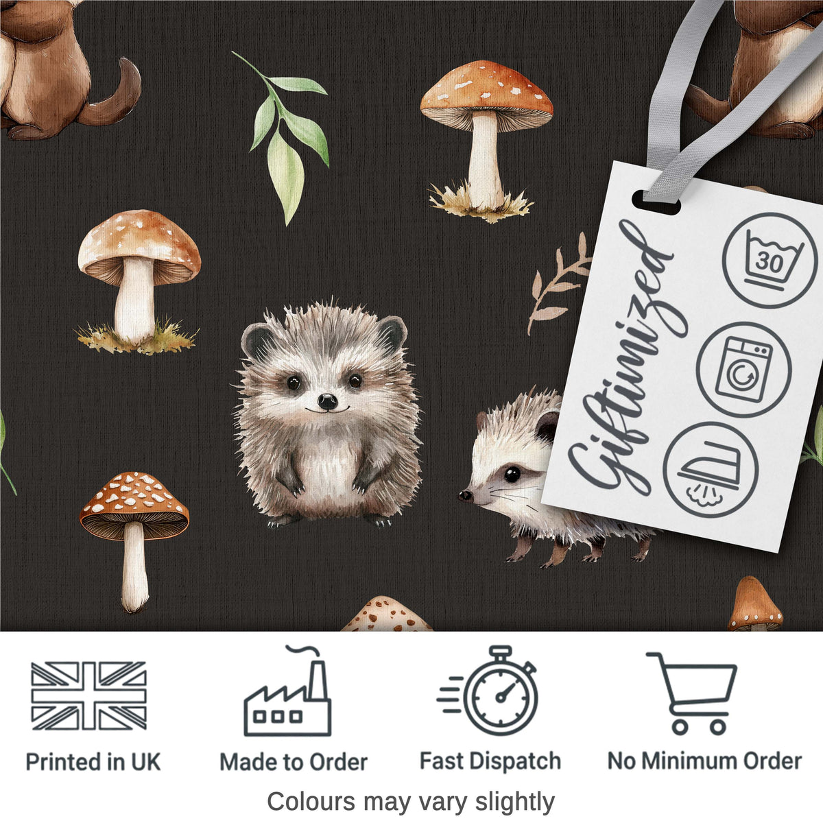Cute Woodland Hedgehog Mushrooms Leaves Seamless Pattern Dark Brown Background Digital Print Fabric by the Metre UK Sewing Quilting Textile