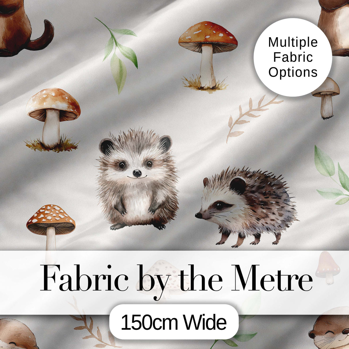 Cute Woodland Hedgehog Mushrooms Leaves Seamless Pattern Soft Grey Background Digital Print Fabric by the Metre UK Sewing Quilting Textile