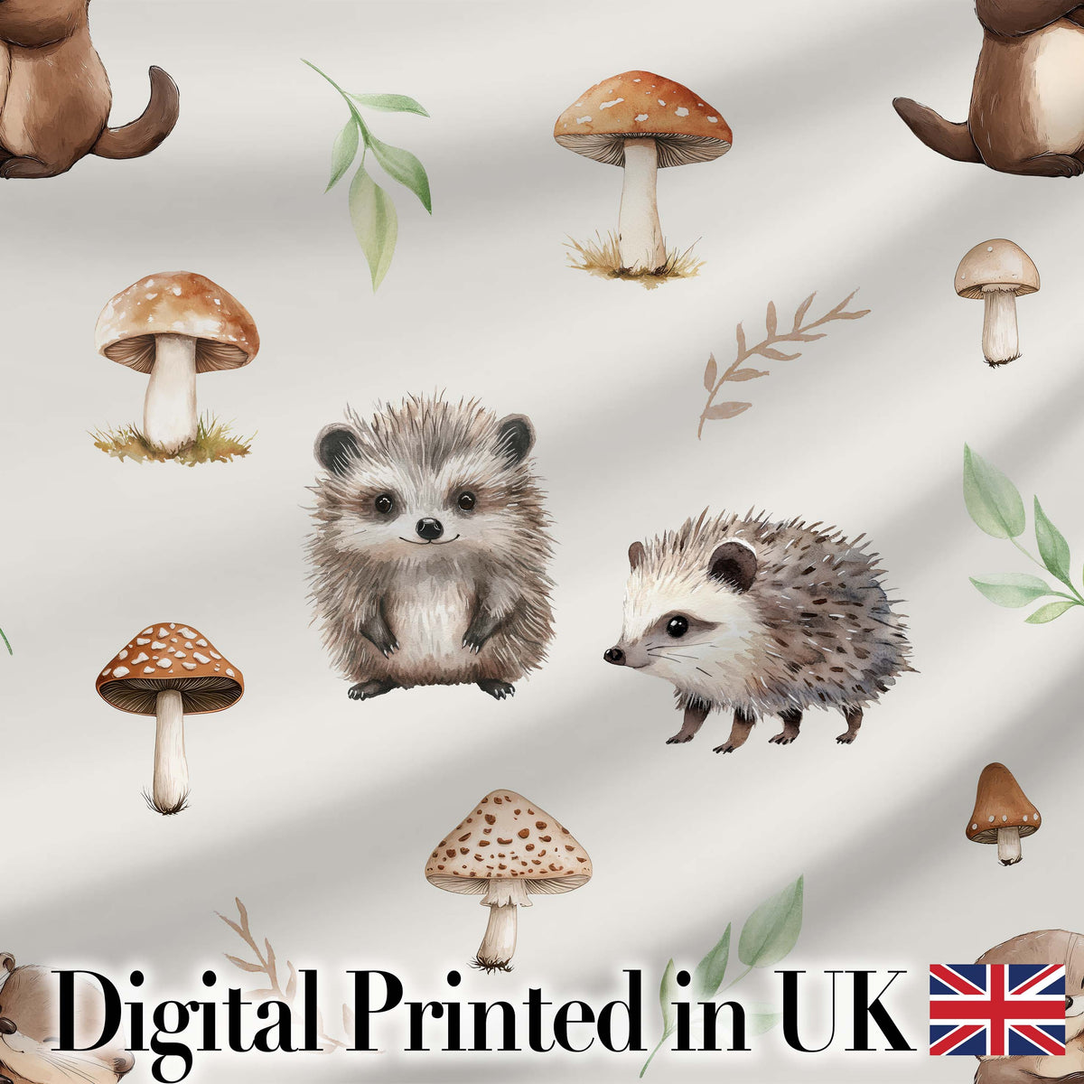 Cute Woodland Hedgehog Mushrooms Leaves Seamless Pattern Soft Grey Background Digital Print Fabric by the Metre UK Sewing Quilting Textile
