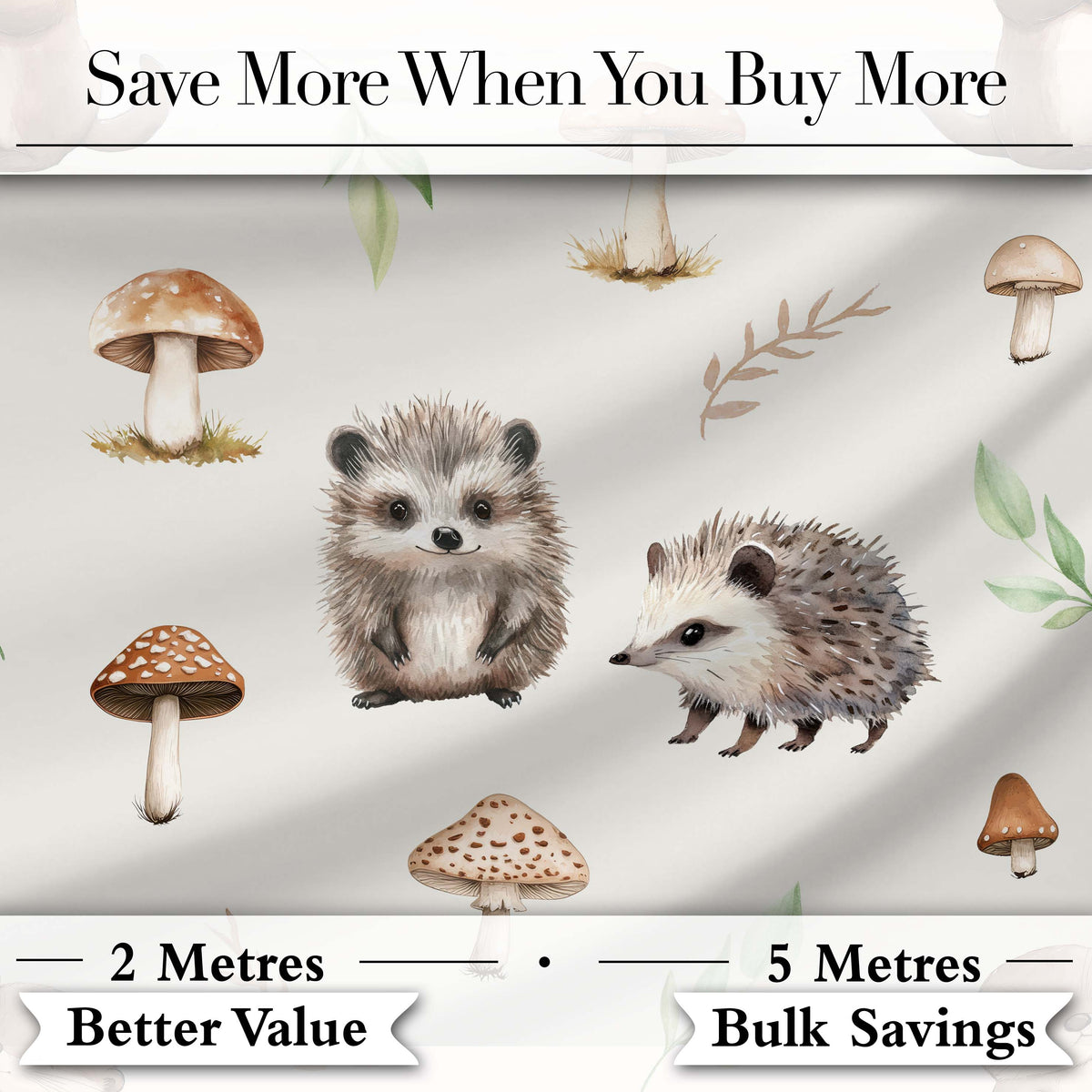Cute Woodland Hedgehog Mushrooms Leaves Seamless Pattern Soft Grey Background Digital Print Fabric by the Metre UK Sewing Quilting Textile