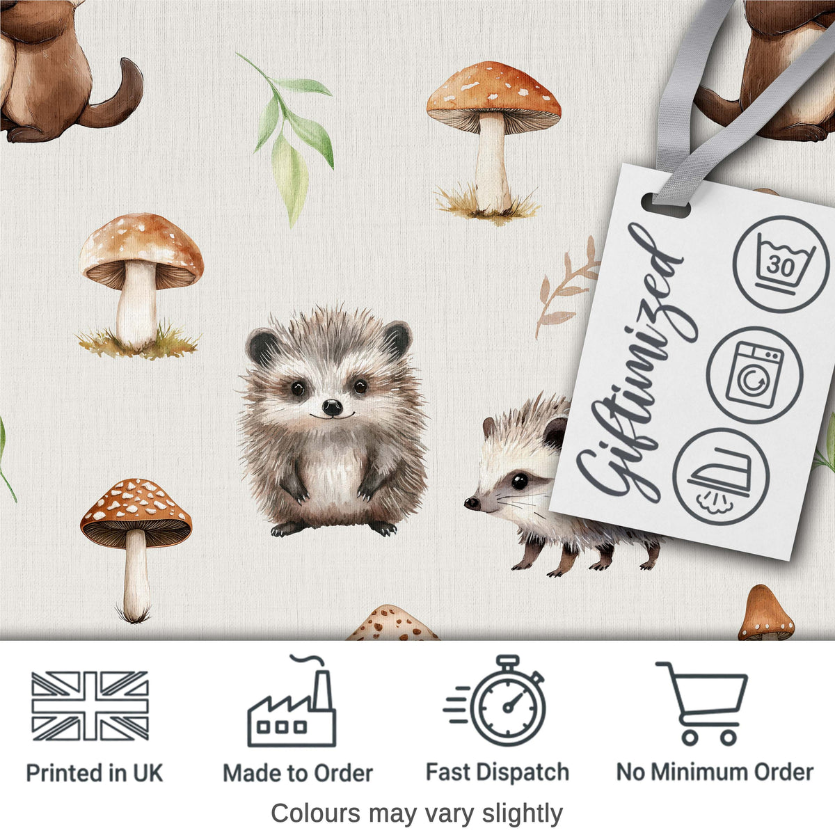 Cute Woodland Hedgehog Mushrooms Leaves Seamless Pattern Soft Grey Background Digital Print Fabric by the Metre UK Sewing Quilting Textile