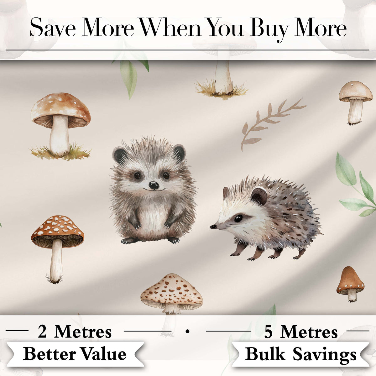 Cute Woodland Hedgehog Mushrooms Leaves Seamless Pattern Warm Beige Background Digital Print Fabric by the Metre UK Sewing Quilting Textile