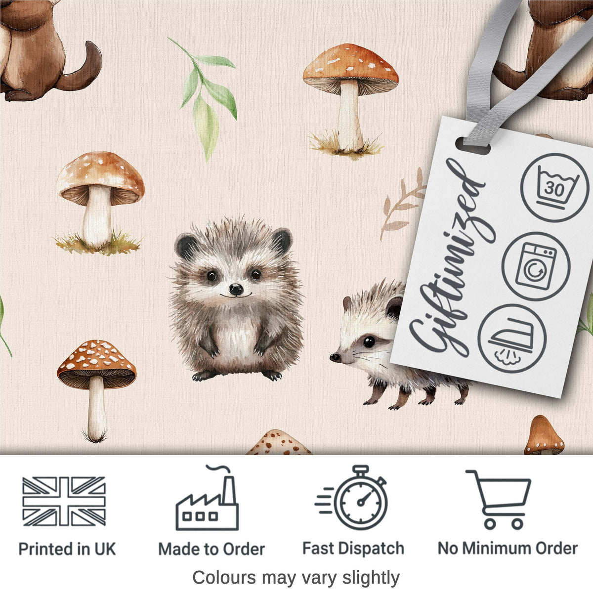Cute Woodland Hedgehog Mushrooms Leaves Seamless Pattern Warm Beige Background Digital Print Fabric by the Metre UK Sewing Quilting Textile