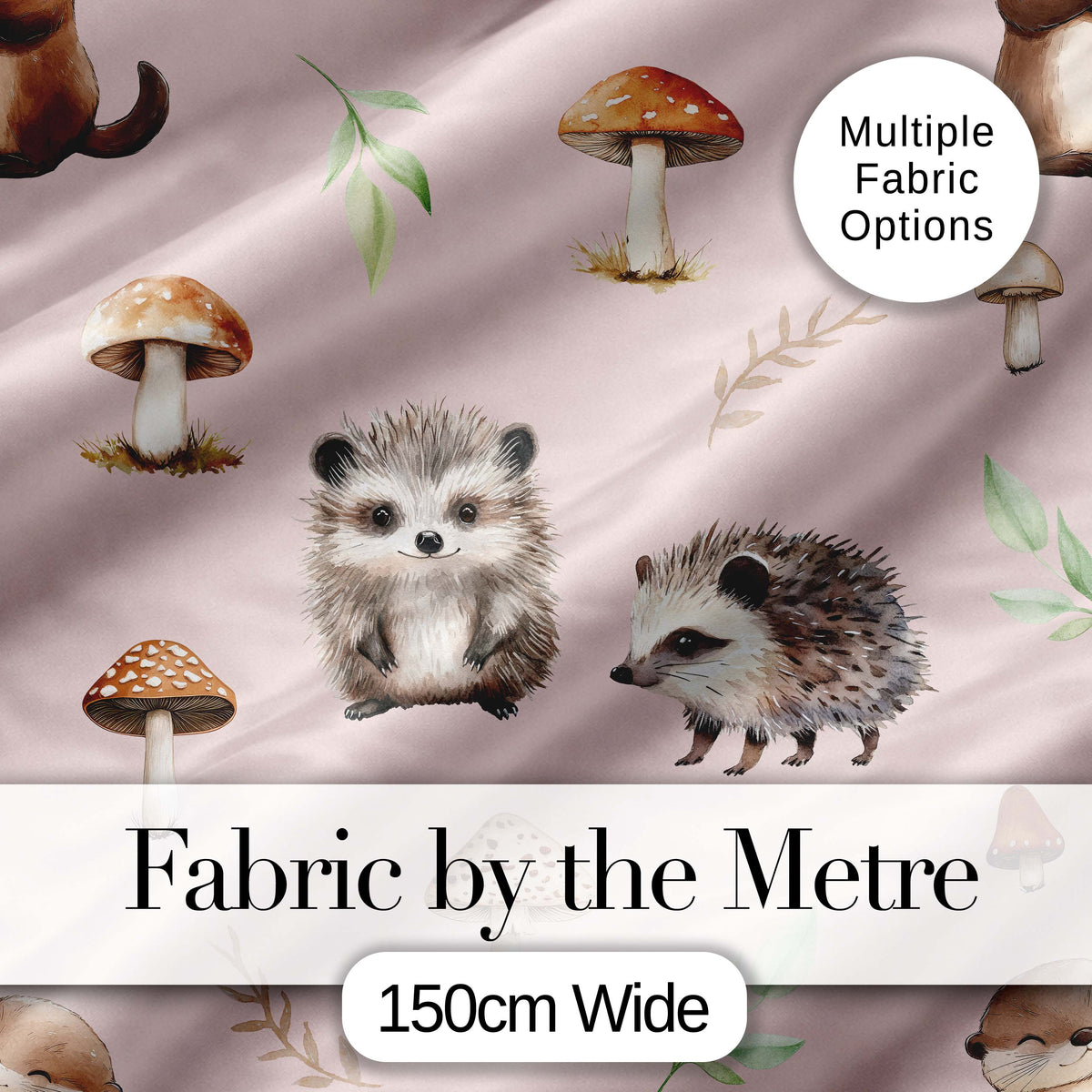 Cute Woodland Hedgehog Mushrooms Leaves Seamless Pattern Sage Green Background Digital Print Fabric by the Metre UK Sewing Quilting Textile