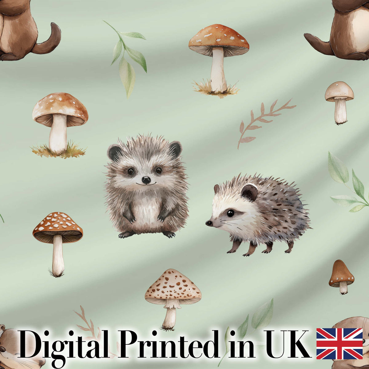 Cute Woodland Hedgehog Mushrooms Leaves Seamless Pattern Dusty Pink Background Digital Print Fabric by the Metre UK Sewing Quilting Textile