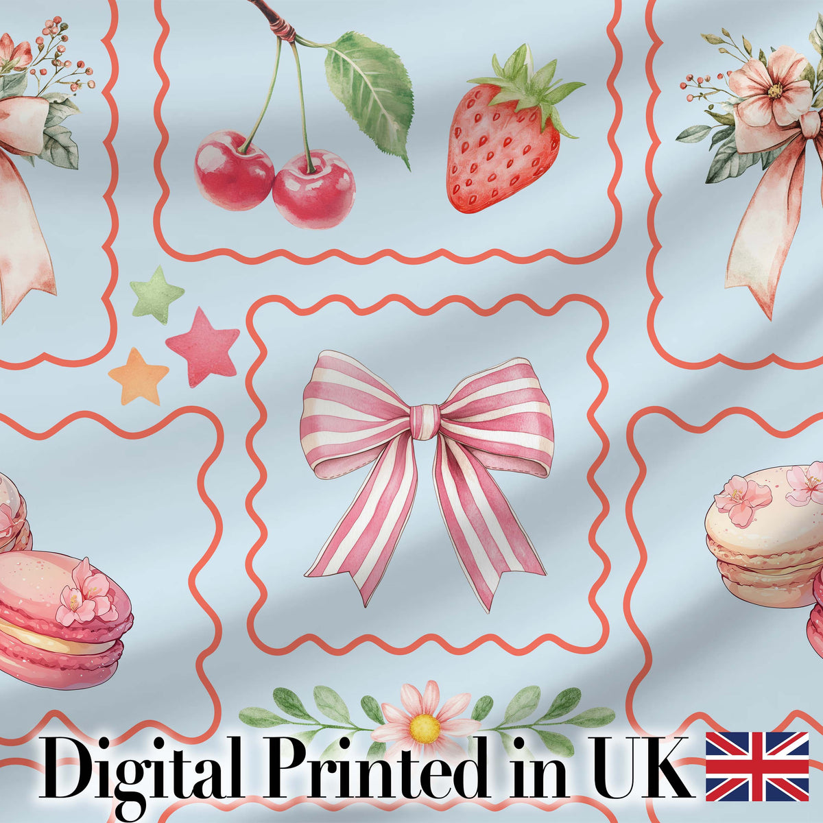 Cute Strawberry Cherry Ribbon Bow Sweet Dessert Pattern Blue Background Digital Print Fabric by the Metre UK Sewing Quilting Textile