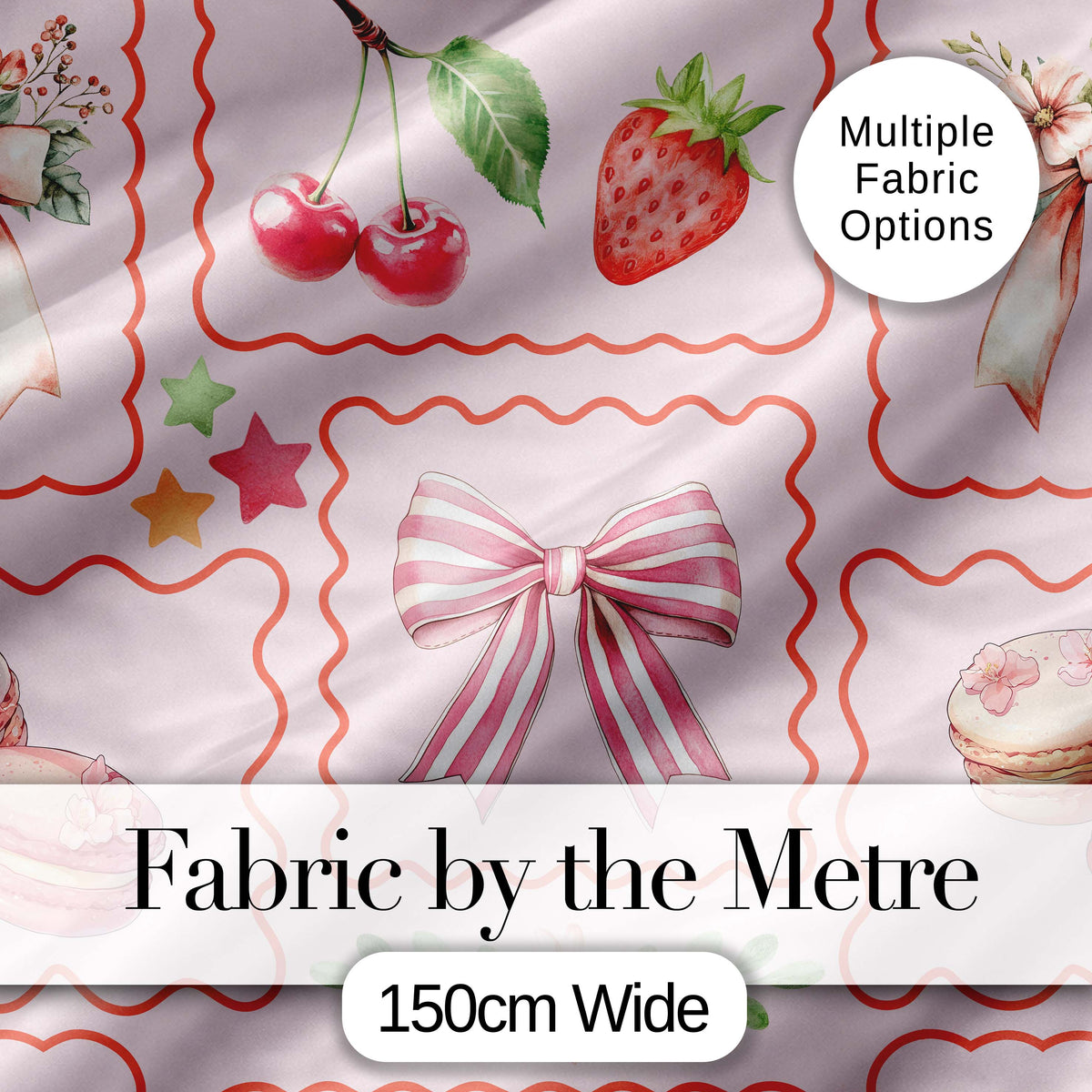 Cute Strawberry Cherry Ribbon Bow Sweet Dessert Pattern Blush Pink Background Digital Print Fabric by the Metre UK Sewing Quilting Textile