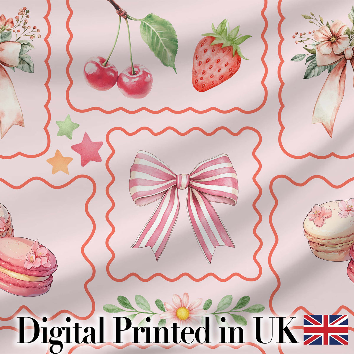 Cute Strawberry Cherry Ribbon Bow Sweet Dessert Pattern Blush Pink Background Digital Print Fabric by the Metre UK Sewing Quilting Textile