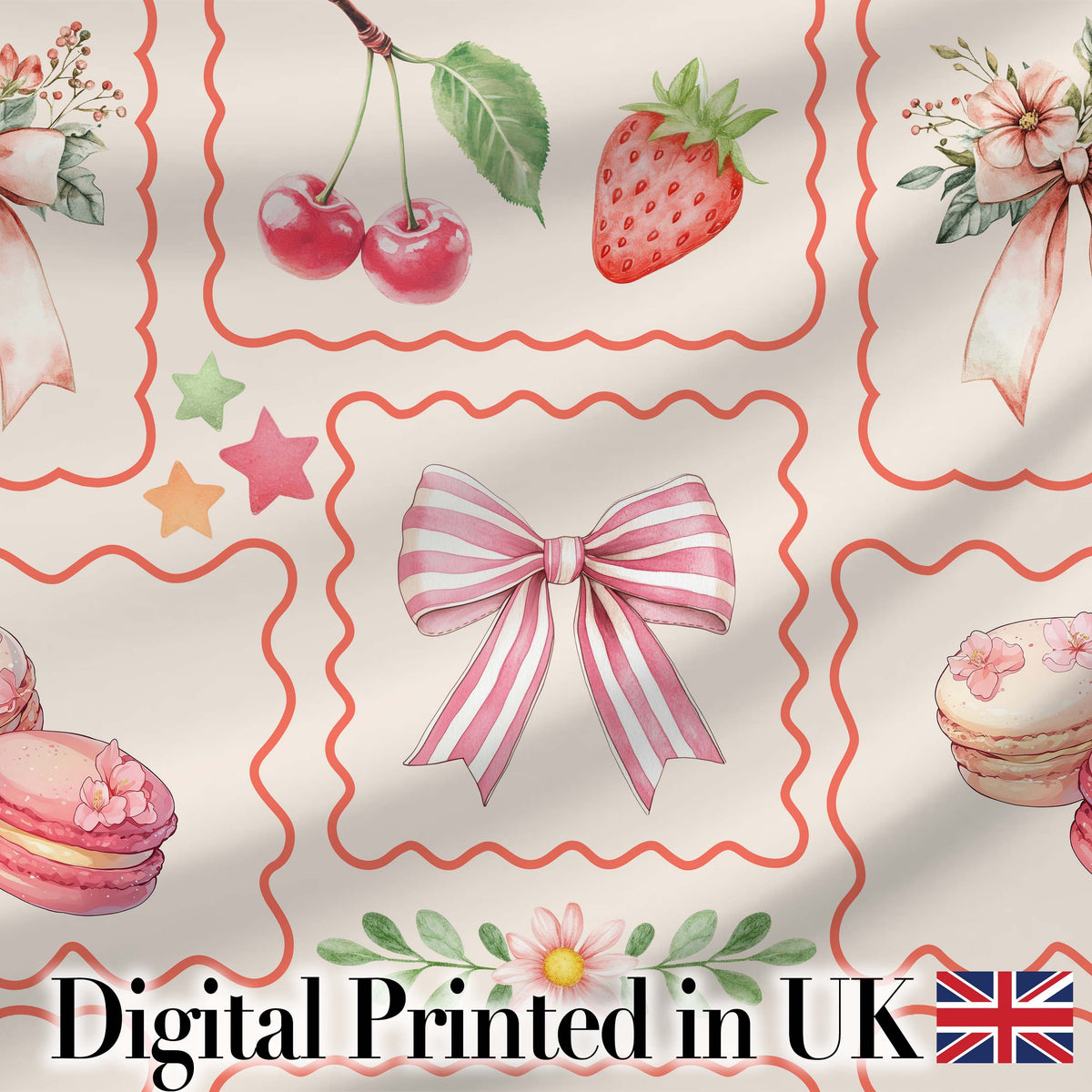 Cute Strawberry Cherry Ribbon Bow Sweet Dessert Soft Neutral Background Digital Print Fabric by the Metre UK Sewing Quilting Textile