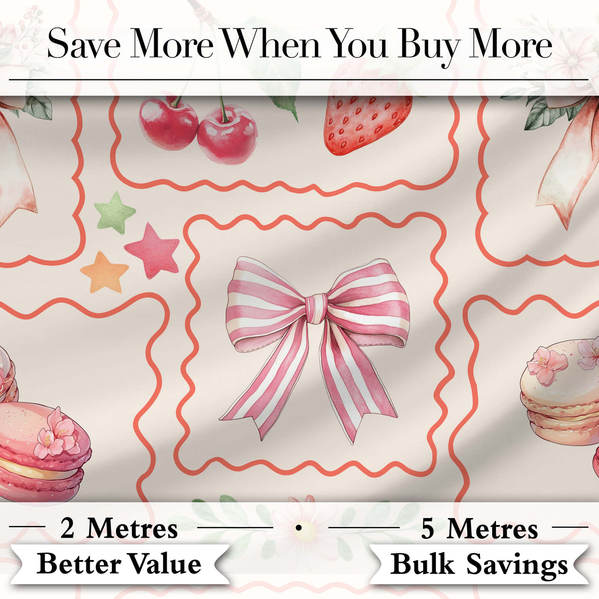 Cute Strawberry Cherry Ribbon Bow Sweet Dessert Soft Neutral Background Digital Print Fabric by the Metre UK Sewing Quilting Textile