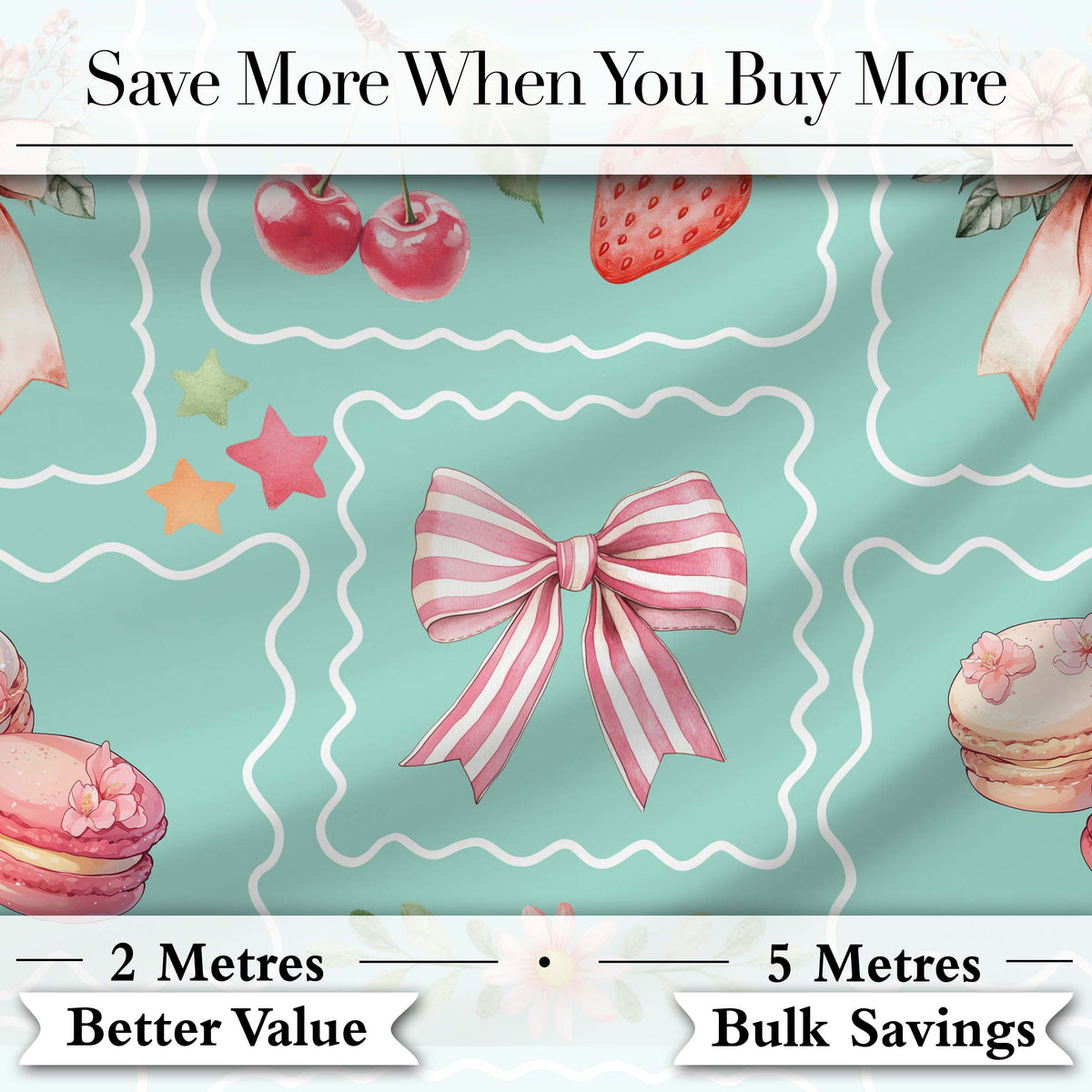 Cute Strawberry Cherry Ribbon Bow Sweet Dessert Pattern Teal Green Background Digital Print Fabric by the Metre UK Sewing Quilting Textile