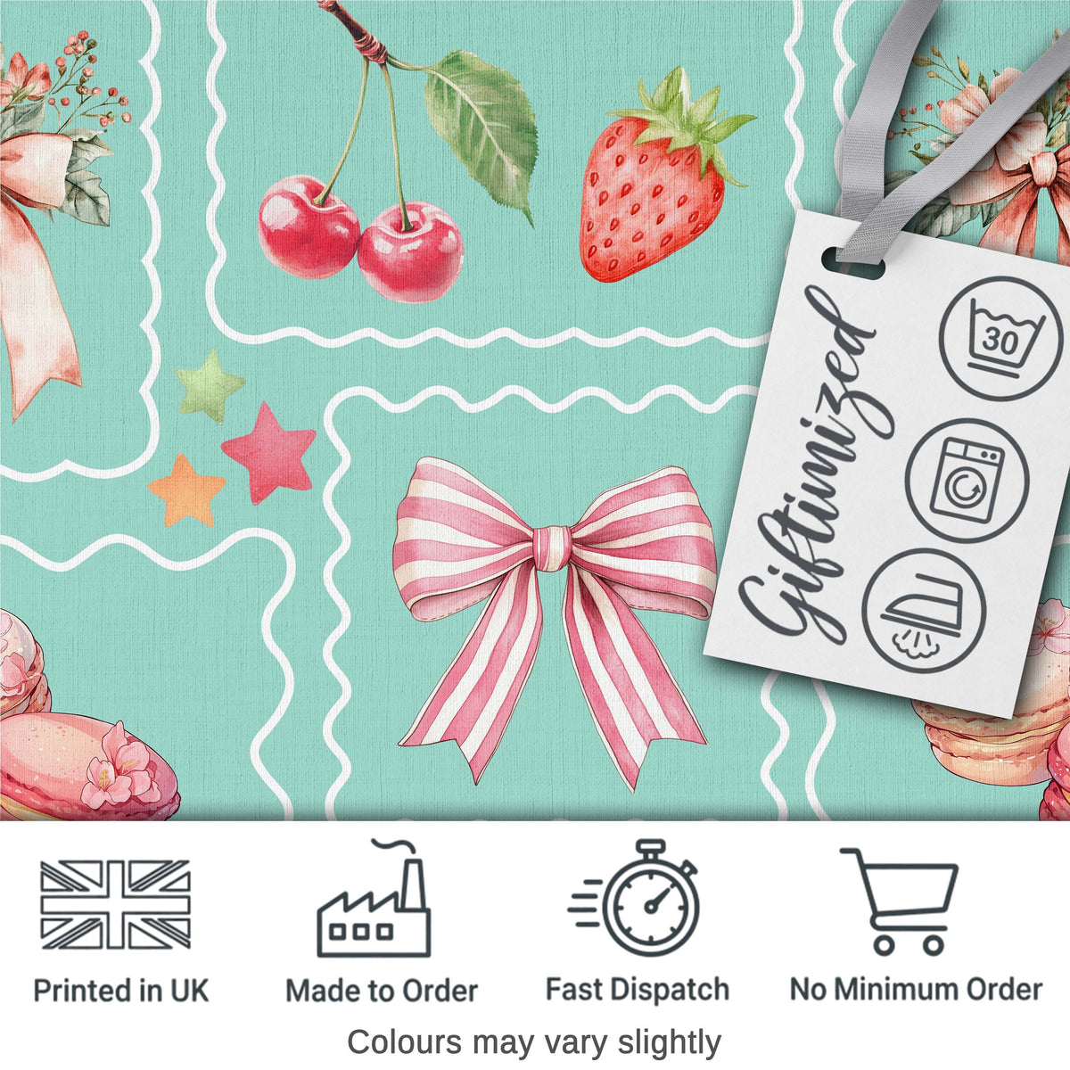 Cute Strawberry Cherry Ribbon Bow Sweet Dessert Pattern Teal Green Background Digital Print Fabric by the Metre UK Sewing Quilting Textile