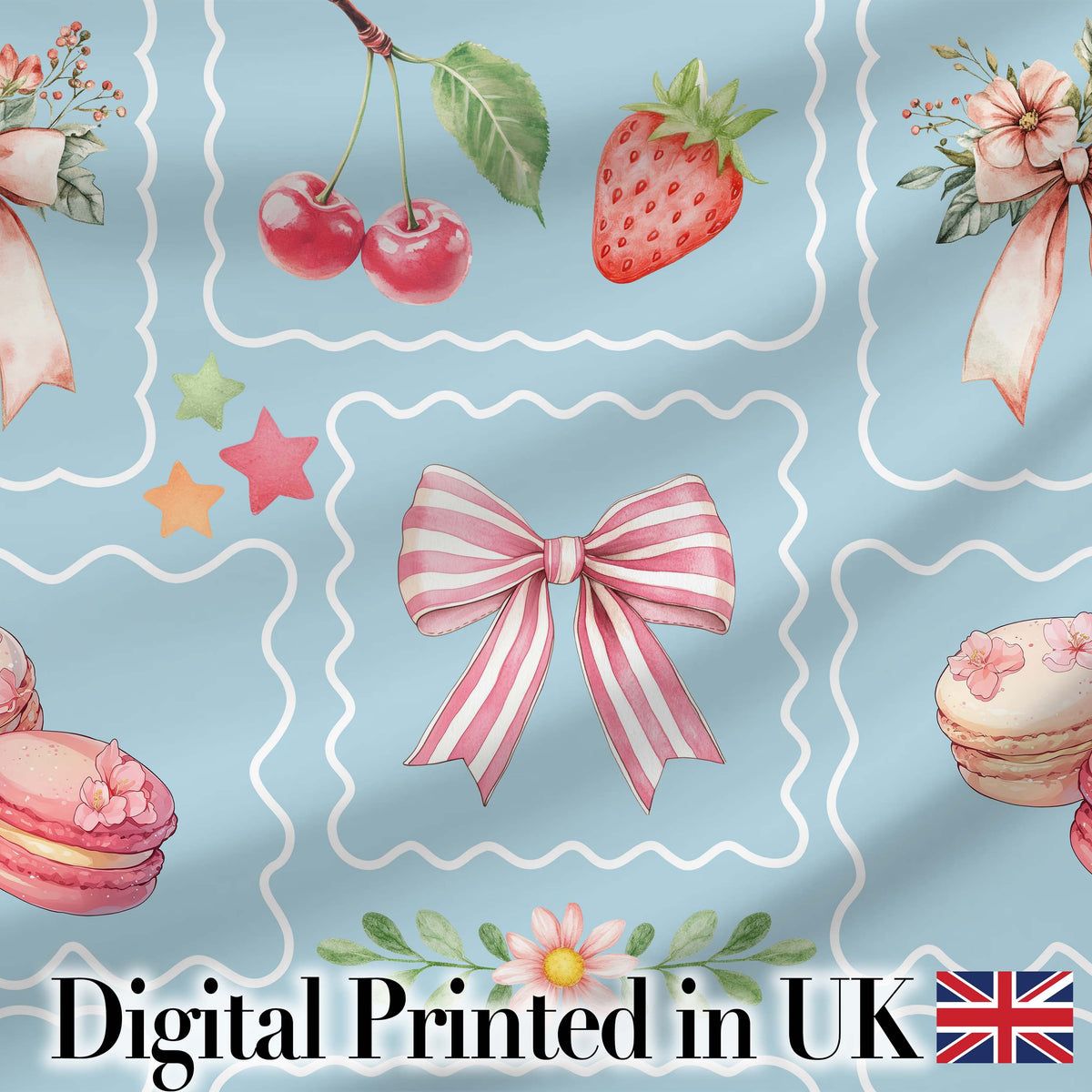 Cute Strawberry Cherry Ribbon Bow Sweet Dessert Pattern Dusty Blue Background Digital Print Fabric by the Metre UK Sewing Quilting Textile