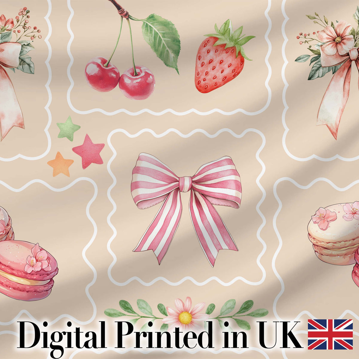 Cute Strawberry Cherry Ribbon Bow Sweet Dessert Pastel Cream Background Digital Print Fabric by the Metre UK Sewing Quilting Textile