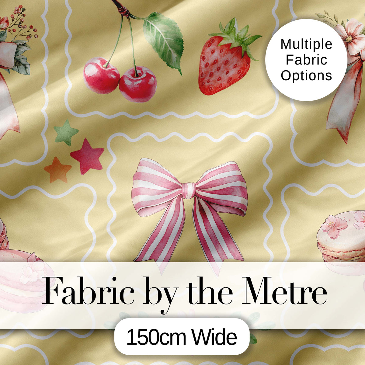 Cute Strawberry Cherry Ribbon Bow Sweet Dessert Pattern Yellow Background Digital Print Fabric by the Metre UK Sewing Quilting Textile