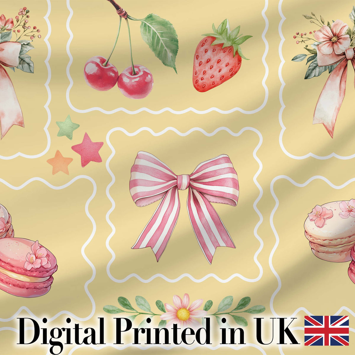 Cute Strawberry Cherry Ribbon Bow Sweet Dessert Pattern Yellow Background Digital Print Fabric by the Metre UK Sewing Quilting Textile