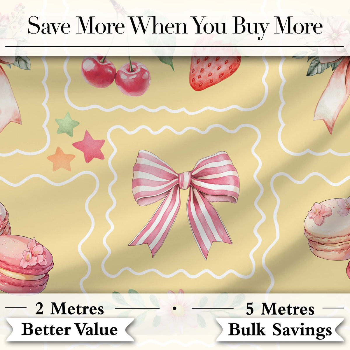 Cute Strawberry Cherry Ribbon Bow Sweet Dessert Pattern Yellow Background Digital Print Fabric by the Metre UK Sewing Quilting Textile