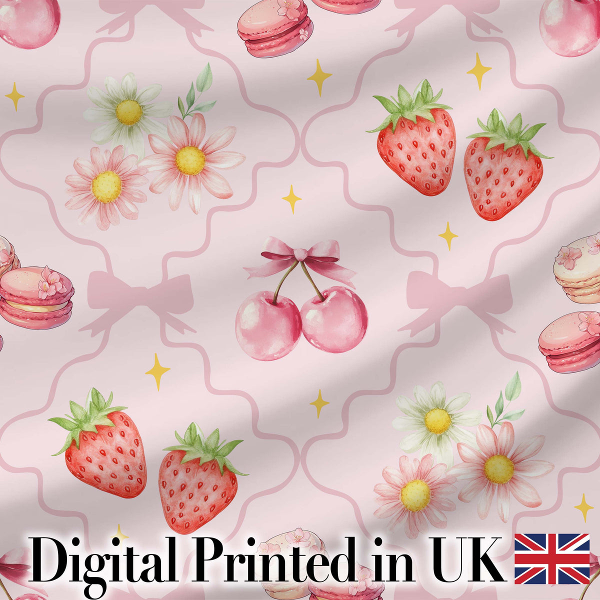 Strawberry Cherry Daisy Floral Bow Sweet Dessert Soft Blush Pink Background Digital Print Fabric by the Metre UK Sewing Quilting Textile