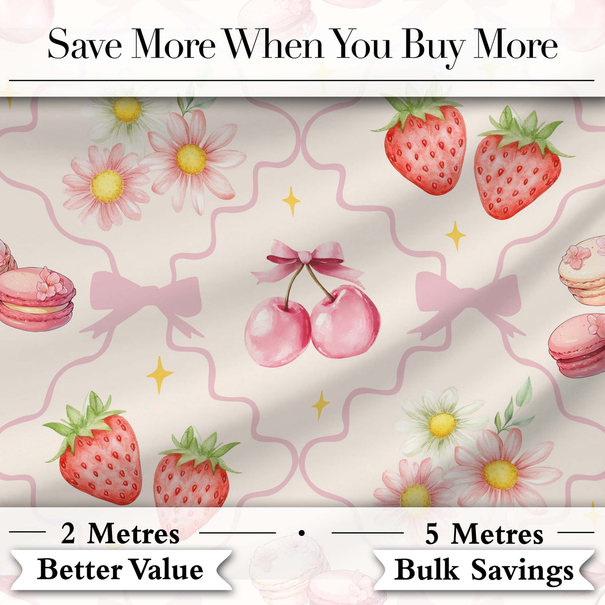 Cute Strawberry Cherry Daisy Floral Bow Sweet Dessert Pale Neutral Background Digital Print Fabric by the Metre UK Sewing Quilting Textile
