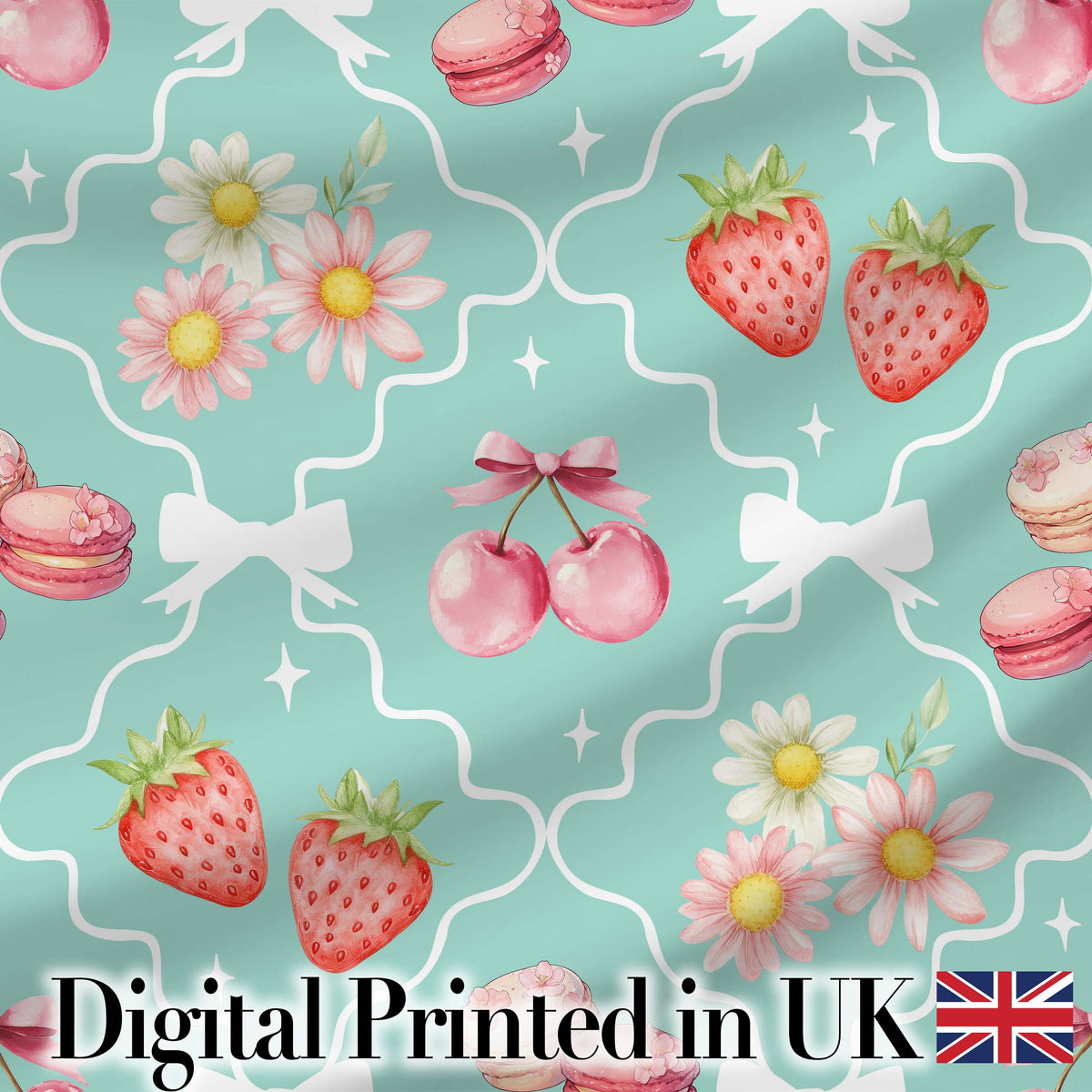 Cute Strawberry Cherry Daisy Floral Bow Sweet Dessert Teal Green Background Digital Print Fabric by the Metre UK Sewing Quilting Textile
