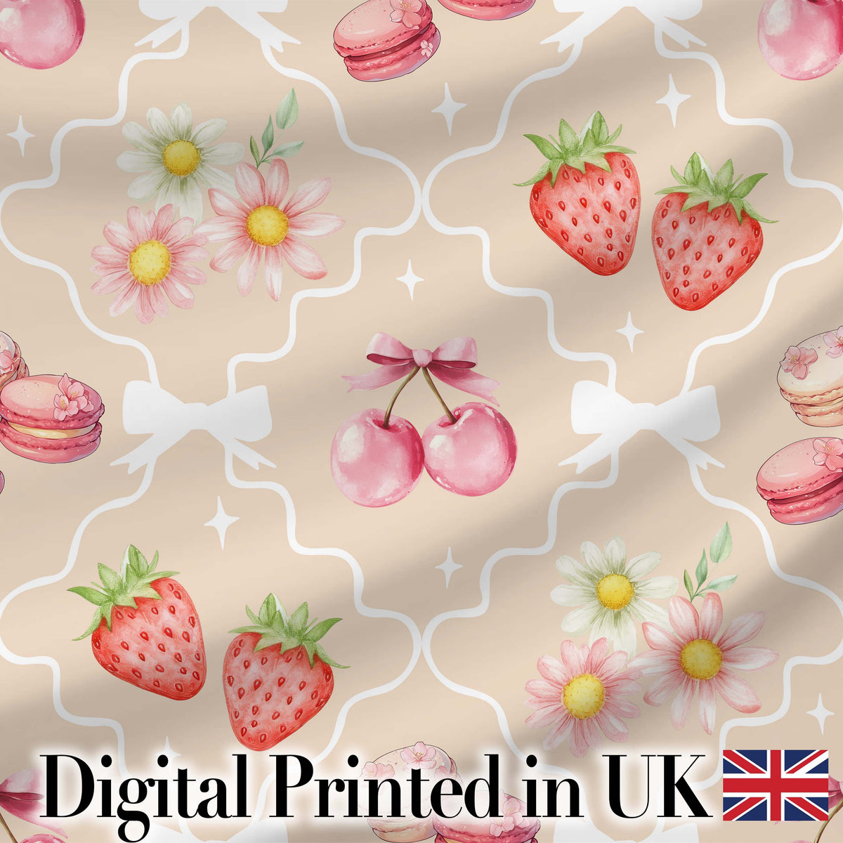 Cute Strawberry Cherry Daisy Floral Bow Sweet Dessert Soft Sand Background Digital Print Fabric by the Metre UK Sewing Quilting Textile