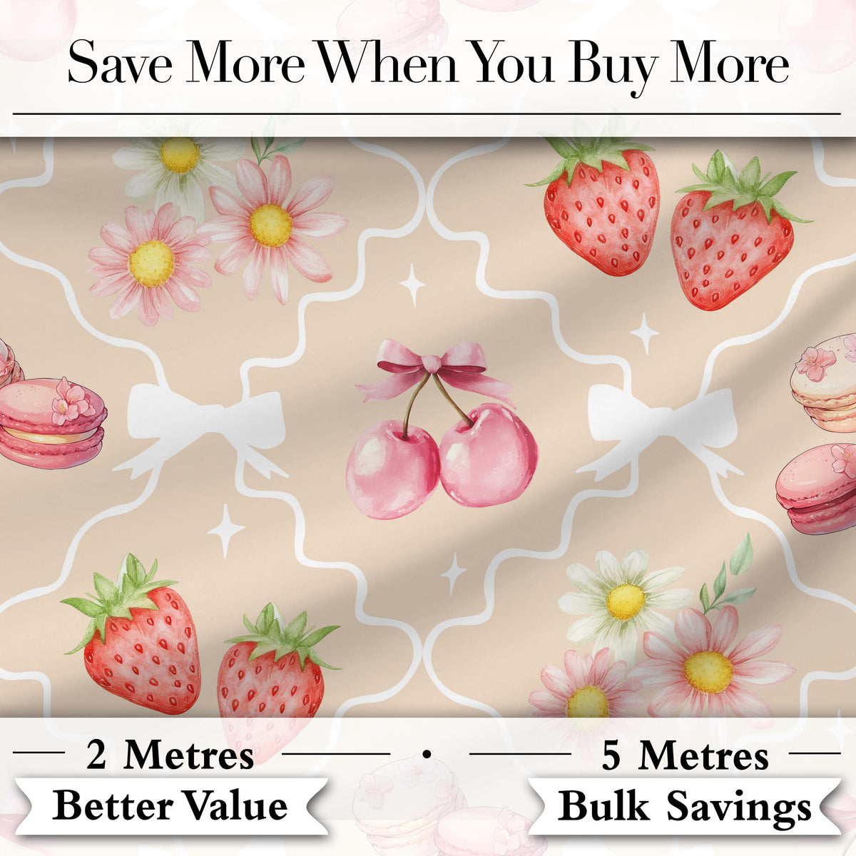 Cute Strawberry Cherry Daisy Floral Bow Sweet Dessert Soft Sand Background Digital Print Fabric by the Metre UK Sewing Quilting Textile