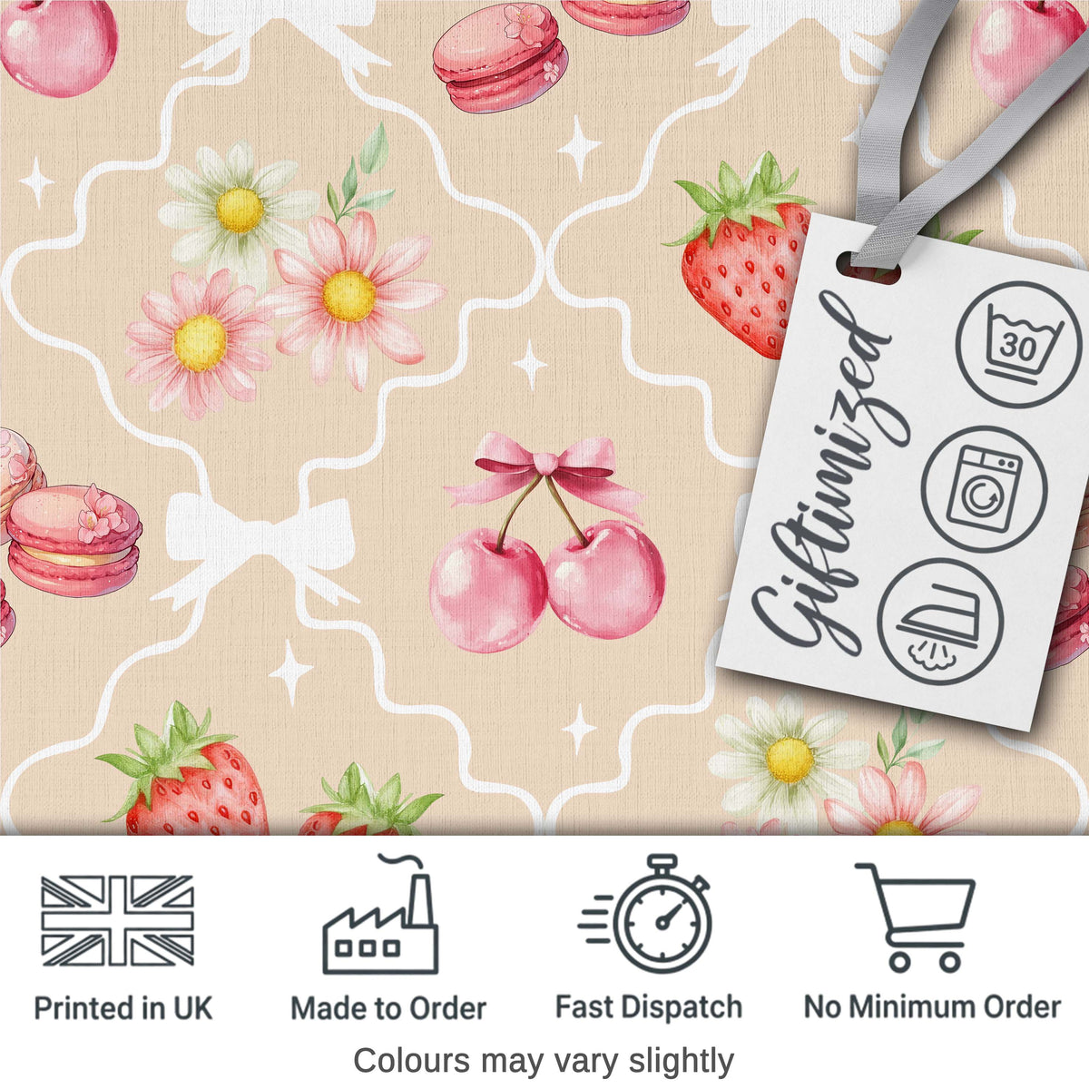 Cute Strawberry Cherry Daisy Floral Bow Sweet Dessert Soft Sand Background Digital Print Fabric by the Metre UK Sewing Quilting Textile