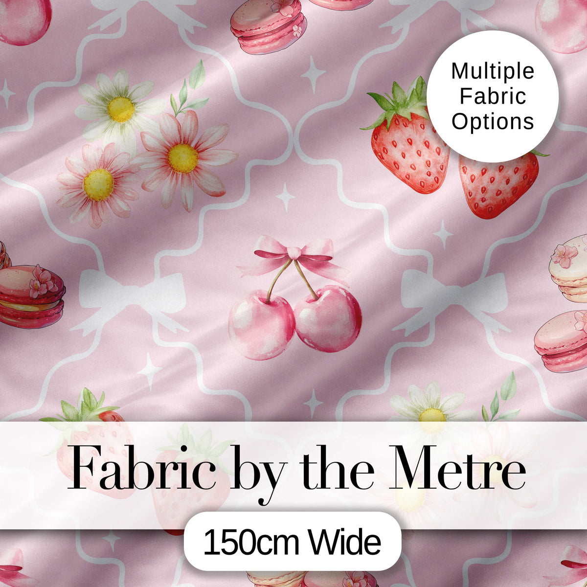 Strawberry Cherry Daisy Floral Bow Sweet Dessert Light Rose Pink Background Digital Print Fabric by the Metre UK Sewing Quilting Textile