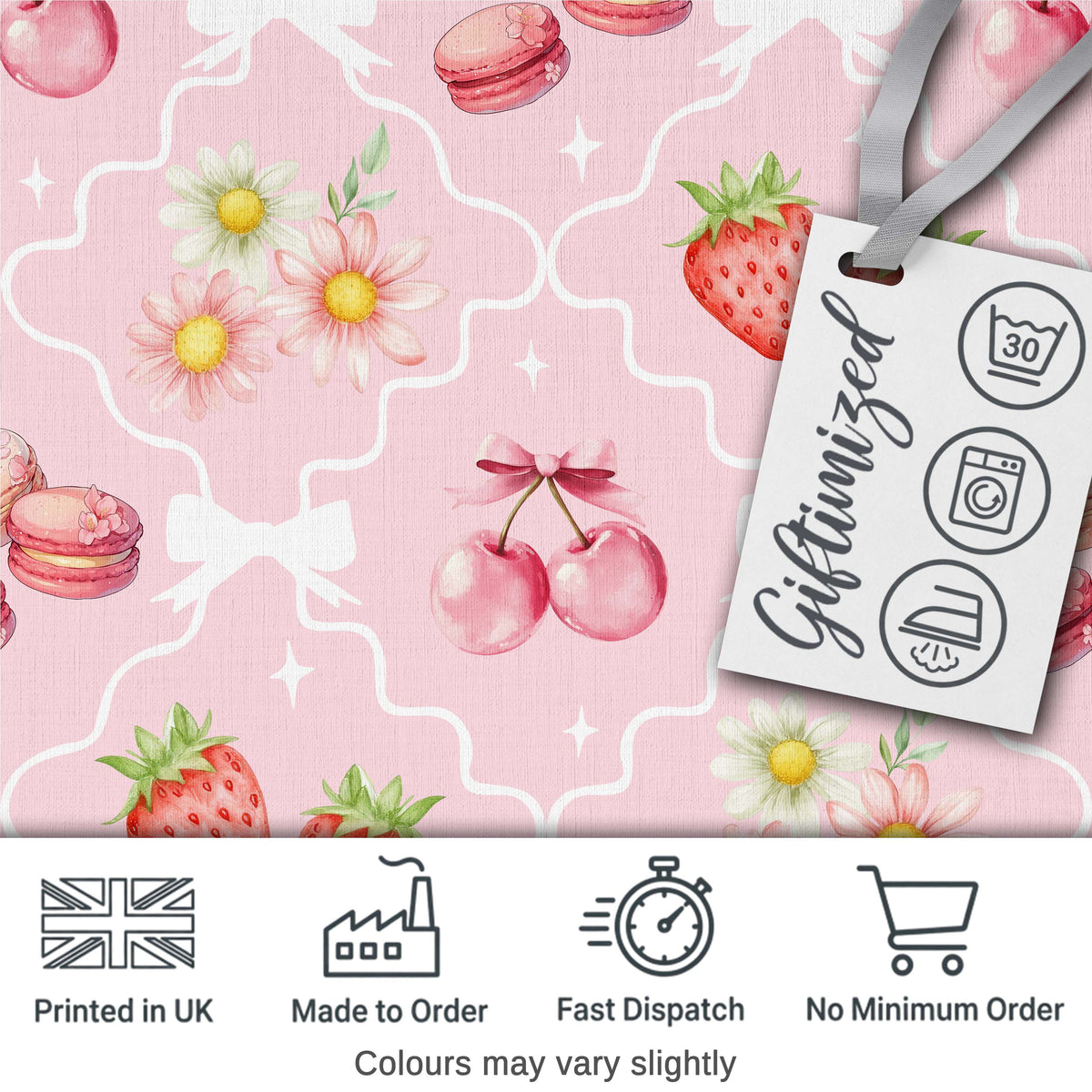 Strawberry Cherry Daisy Floral Bow Sweet Dessert Light Rose Pink Background Digital Print Fabric by the Metre UK Sewing Quilting Textile