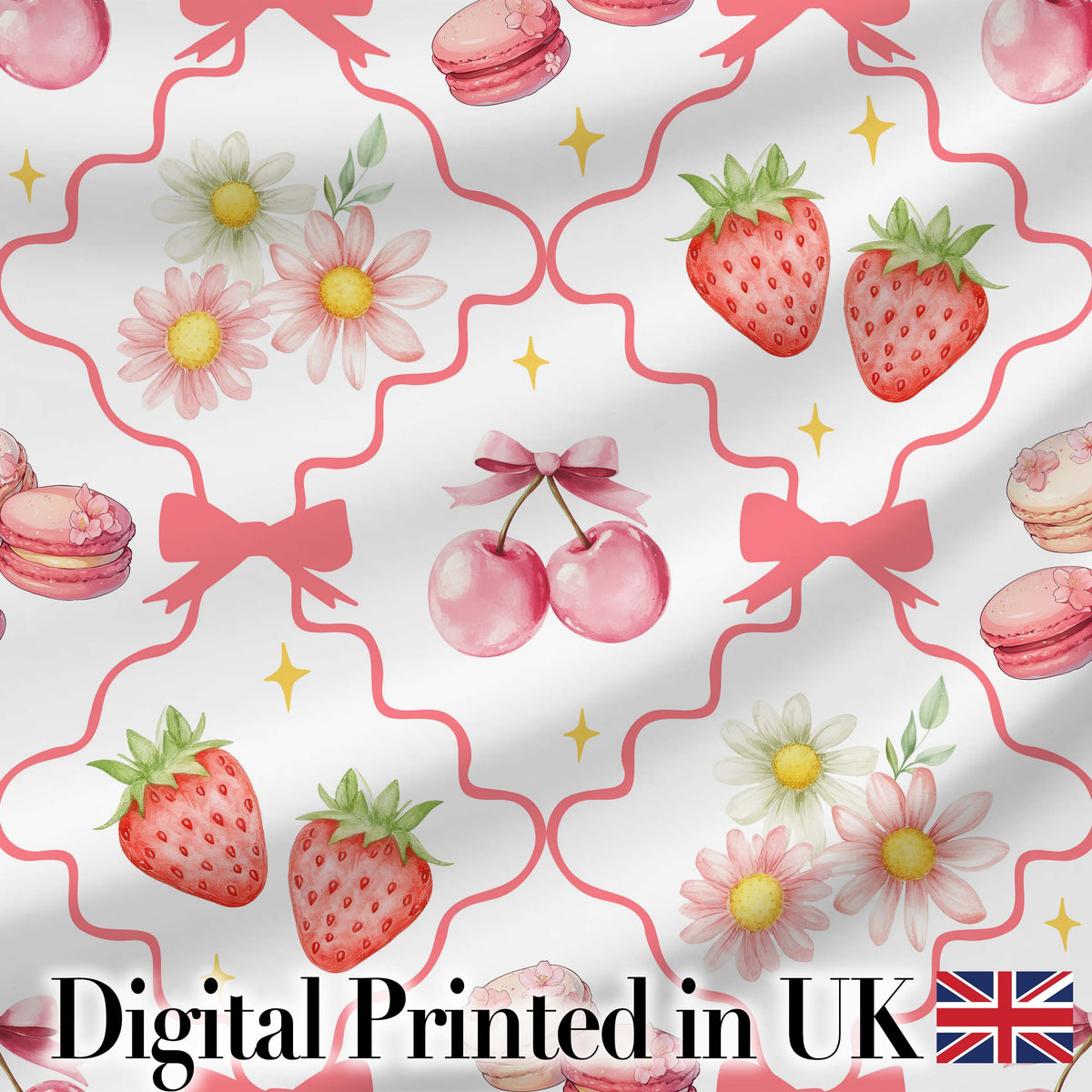 Strawberry Cherry Daisy Floral Bow Sweet Dessert Coral Red Outline Background Digital Print Fabric by the Metre UK Sewing Quilting Textile