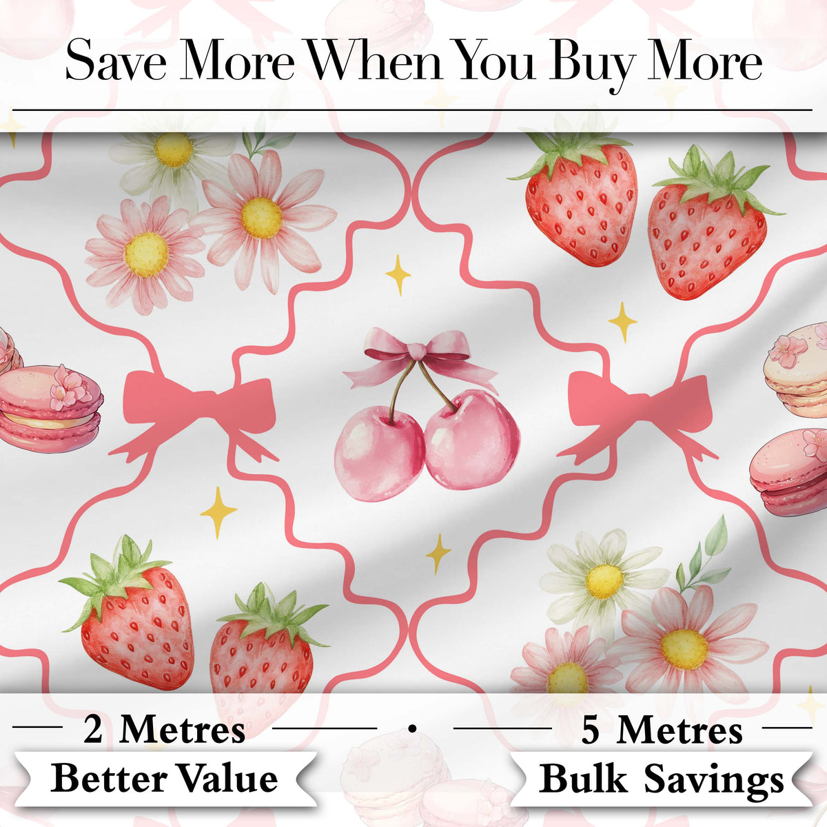 Strawberry Cherry Daisy Floral Bow Sweet Dessert Coral Red Outline Background Digital Print Fabric by the Metre UK Sewing Quilting Textile