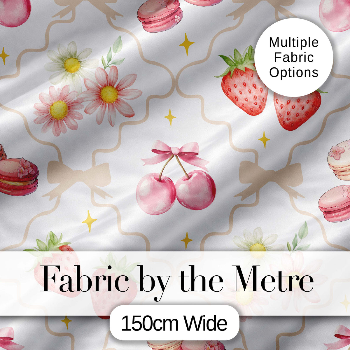 Strawberry Cherry Daisy Floral Bow Sweet Dessert Warm Beige Outline Background Digital Print Fabric by the Metre UK Sewing Quilting Textile