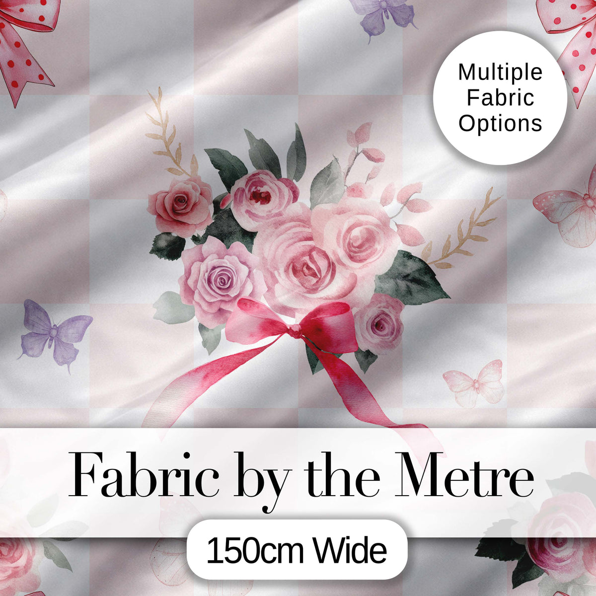 Elegant Watercolor Rose Bouquet Ribbon Butterfly Pastel Check Background Digital Print Fabric by the Metre UK Sewing Quilting Textile