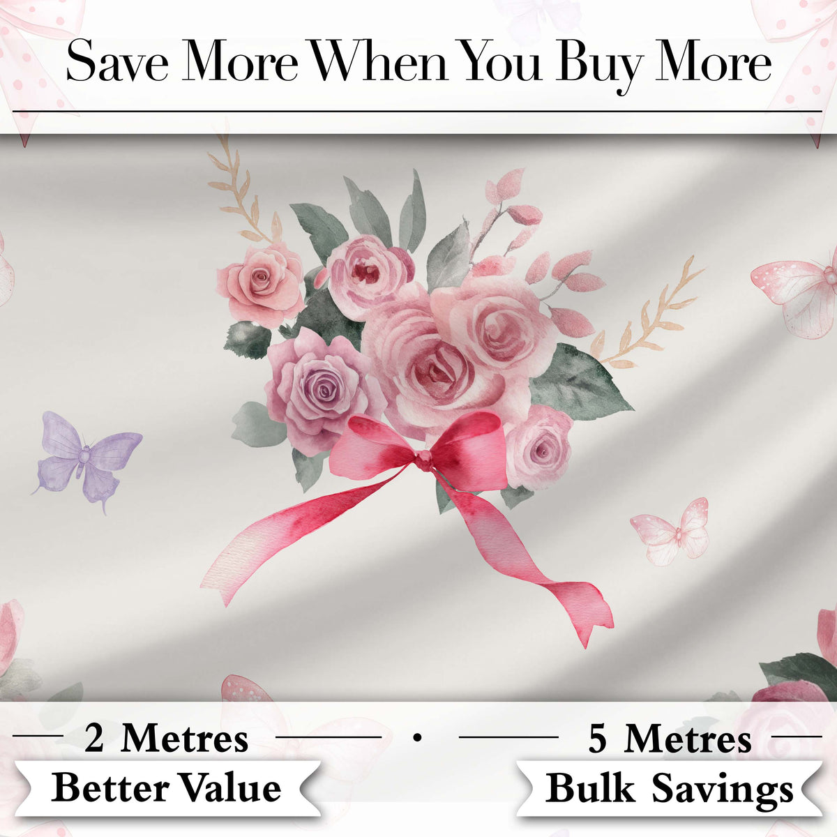 Elegant Watercolor Rose Bouquet Ribbon Butterfly Soft Ivory Background Pattern Digital Print Fabric by the Metre UK Sewing Quilting Textile