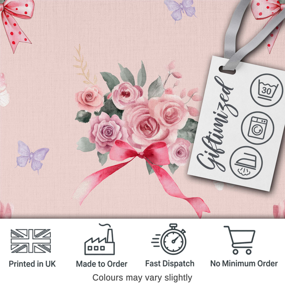 Elegant Watercolor Rose Bouquet Ribbon Butterfly Pink Background Pattern Digital Print Fabric by the Metre UK Sewing Quilting Textile