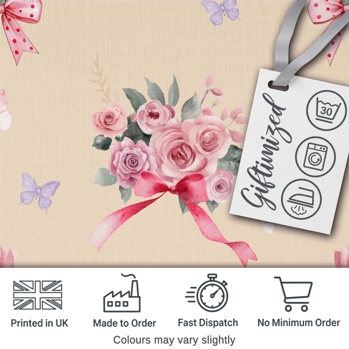 Elegant Watercolor Rose Bouquet Ribbon Butterfly Warm Beige Background Pattern Digital Print Fabric by the Metre UK Sewing Quilting Textile
