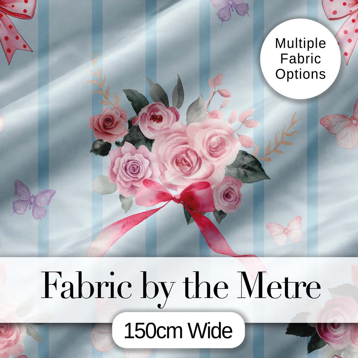 Elegant Watercolor Rose Bouquet Ribbon Butterfly Soft Blue Stripe Background Digital Print Fabric by the Metre UK Sewing Quilting Textile