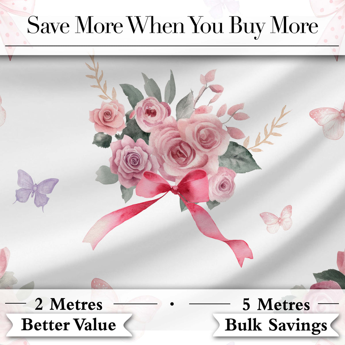 Elegant Watercolor Rose Bouquet Ribbon Butterfly Light Grey Background Pattern Digital Print Fabric by the Metre UK Sewing Quilting Textile