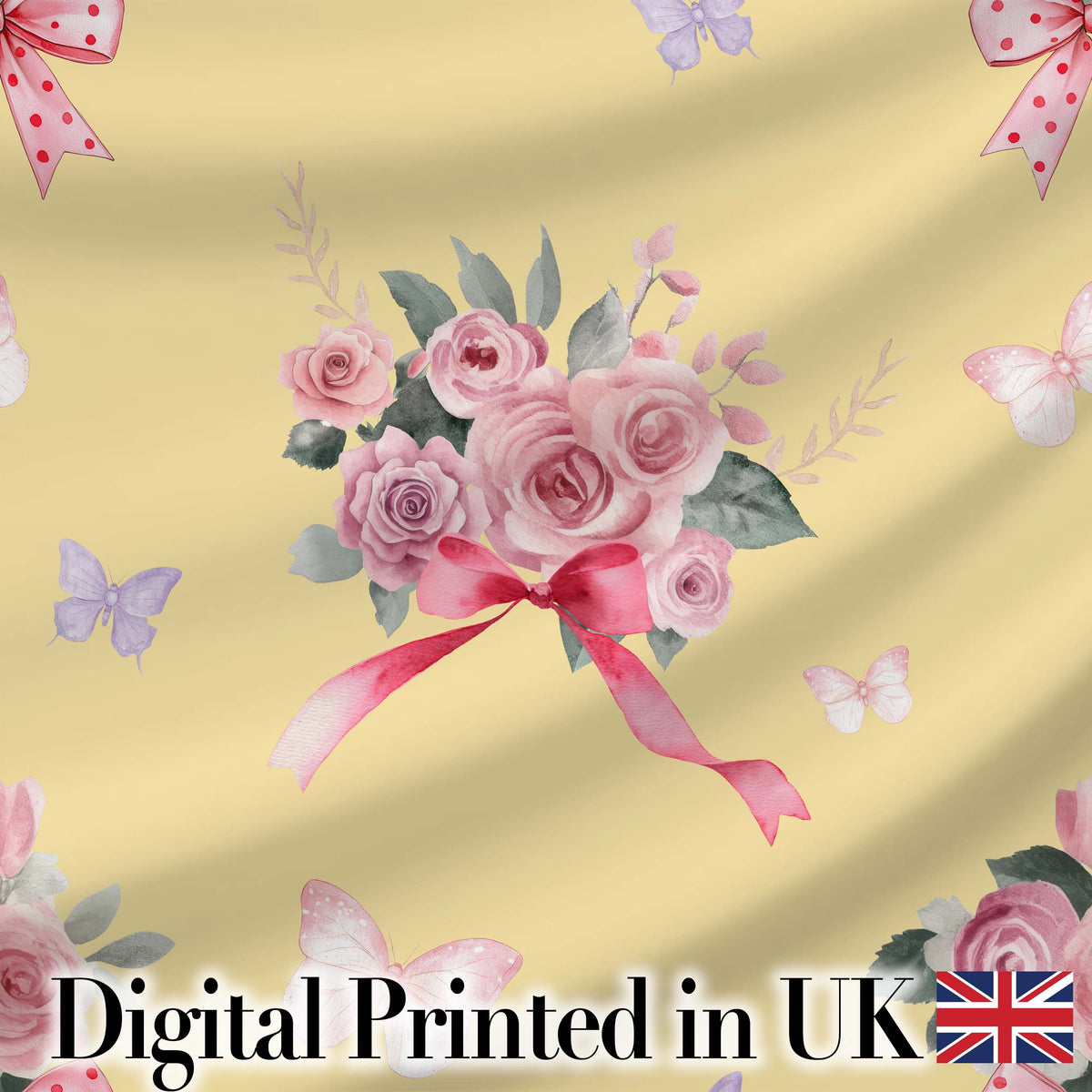 Elegant Watercolor Rose Bouquet Ribbon Butterfly Soft Yellow Background Digital Print Fabric by the Metre UK Sewing Quilting Textile